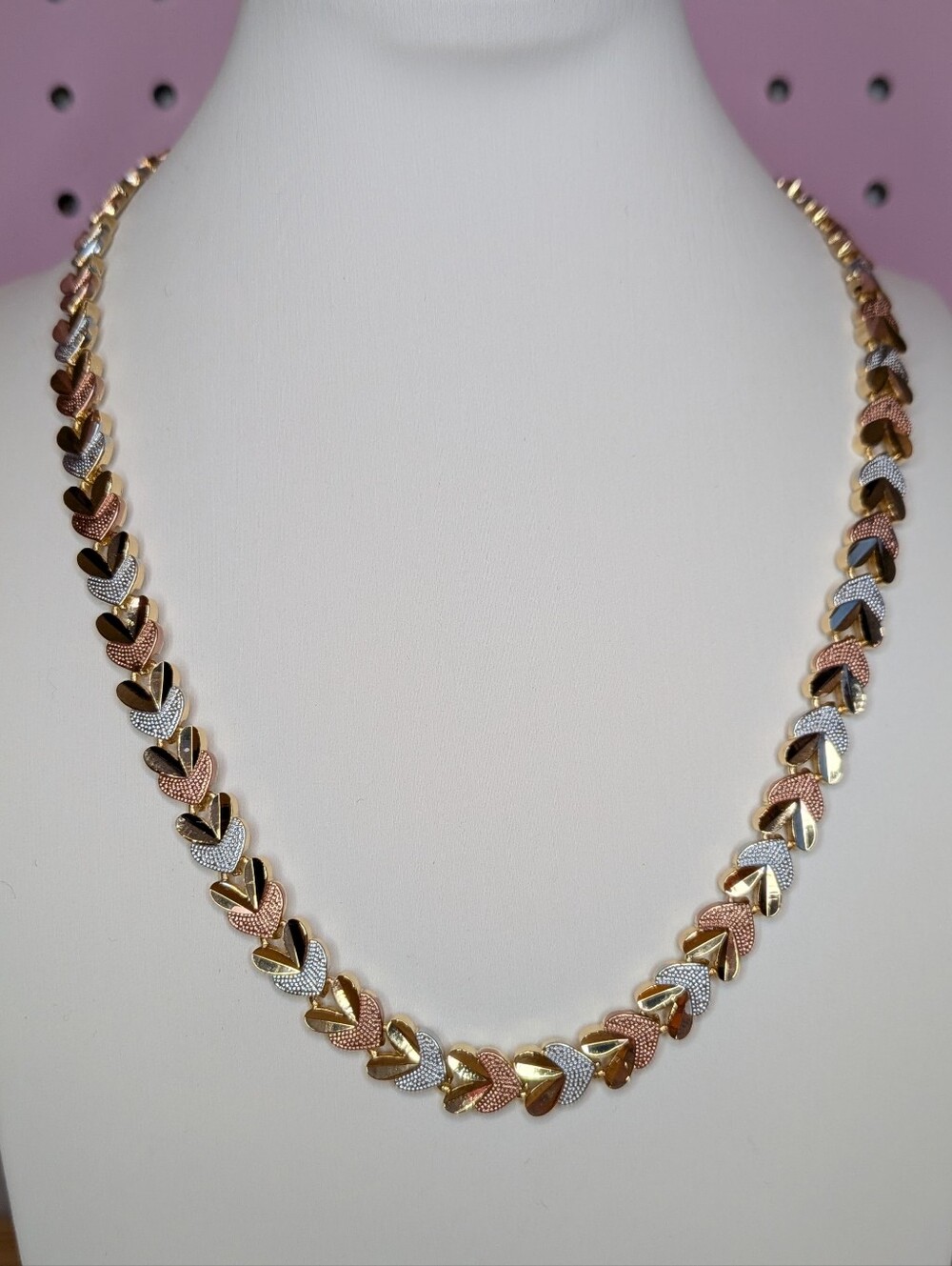 Tri-Tone Heart Tennis Necklace - Rose, Gold & White Gold Fill 16"